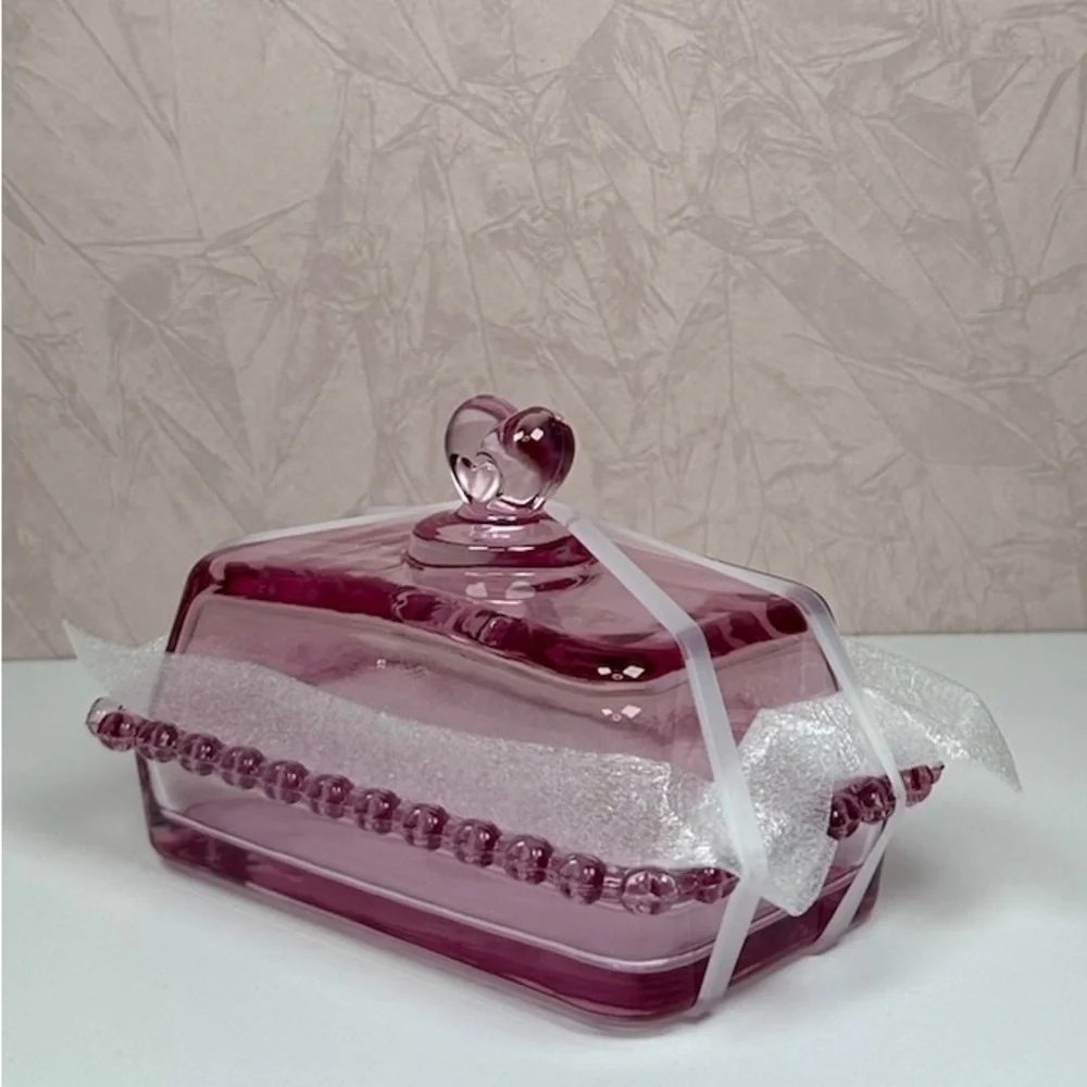 Pink Glass Butter Dish with Heart Handle